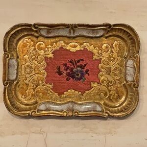 Vintage Firenze Tray Made In Italy Flowers Painted Wood Gold
